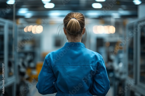 Back view of a female technician in a blue shirt working in a factory