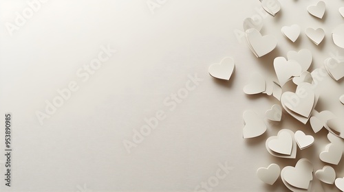 Delicate heart-shaped paper cutouts in varying sizes scattered on a light-colored surface, with ample space for text or branding photo