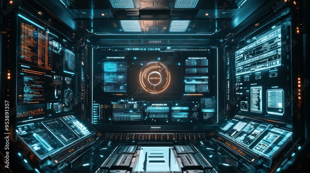 Futuristic Control Room Interior with Cybernetic Displays Futuristic Control Room Interior with Cybernetic Displays