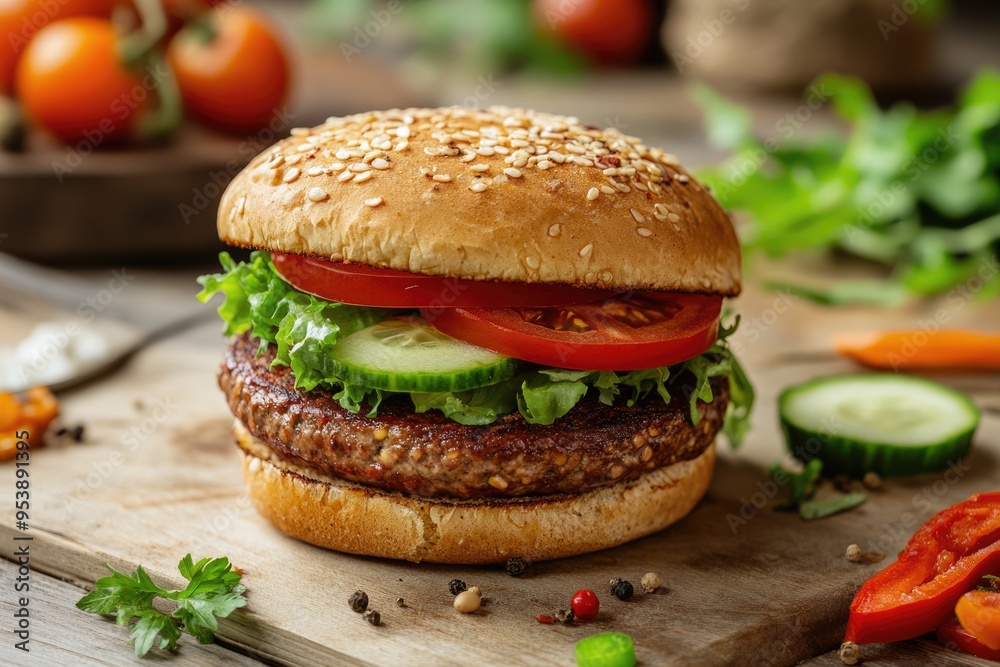 Impossible Burger. Fresh & Tasty Meat-Free Vegan Burger with Green Ingredients