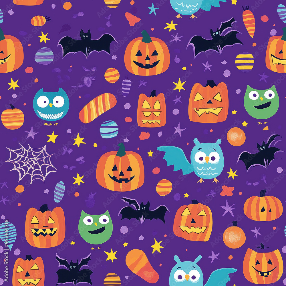 Colorful Halloween-Themed Pattern with Jack-o'-Lanterns, Bats, and Owls on Purple Background Colorful Halloween-Themed Pattern with Jack-o'-Lanterns, Bats, and Owls on Purple Background