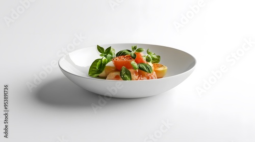 A minimalist white background with a 3D-rendered gourmet dish