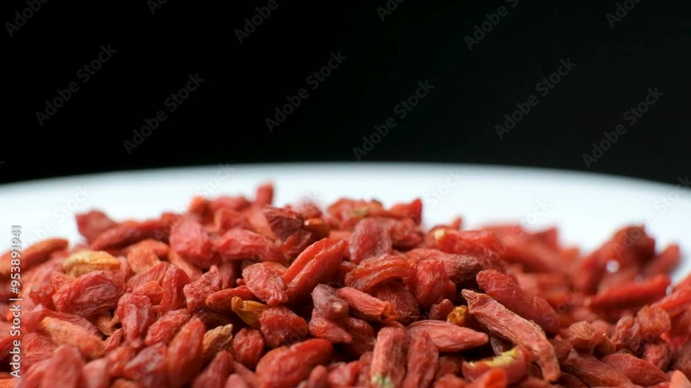 Macro rotation of dried goji berries on black background Macro rotation of dried goji berries on black background