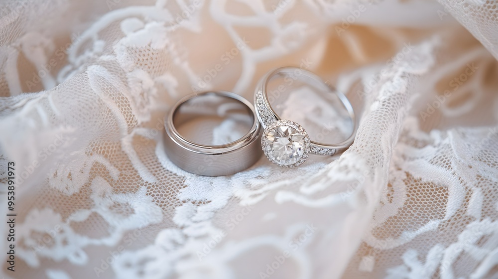 A close-up of wedding rings elegantly displayed on a delicate lace fabric, with a light solid color background enhancing the focus A close-up of wedding rings elegantly displayed on a delicate lace fabric, with a light solid color background enhancing the focus