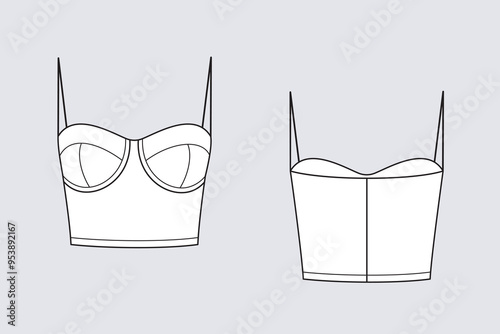 Female crop corselet vector template isolated on a transparent background. Front and back view. Outline fashion technical sketch of clothes model.