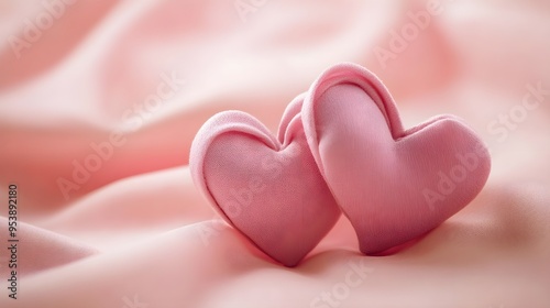 A pair of intertwined hearts made of soft fabric, resting on a light pink background, emphasizing warmth and affection photo