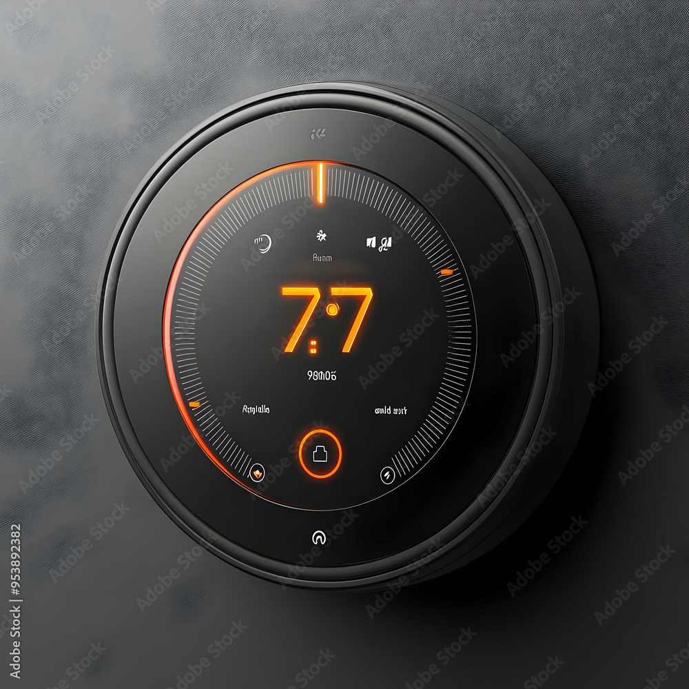 Black Smart Thermostat with Orange Display - 3D Illustration Black Smart Thermostat with Orange Display - 3D Illustration