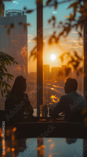 Foto verticale di una riunione in ufficio al tramonto