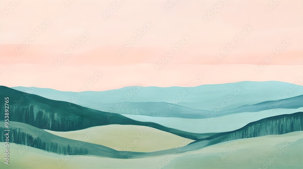 A serene landscape with soft, pastel hues, featuring rolling hills and a light solid color background A serene landscape with soft, pastel hues, featuring rolling hills and a light solid color background