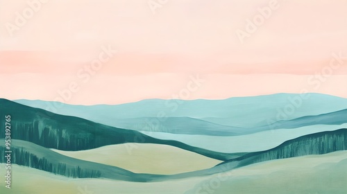 A serene landscape with soft, pastel hues, featuring rolling hills and a light solid color background