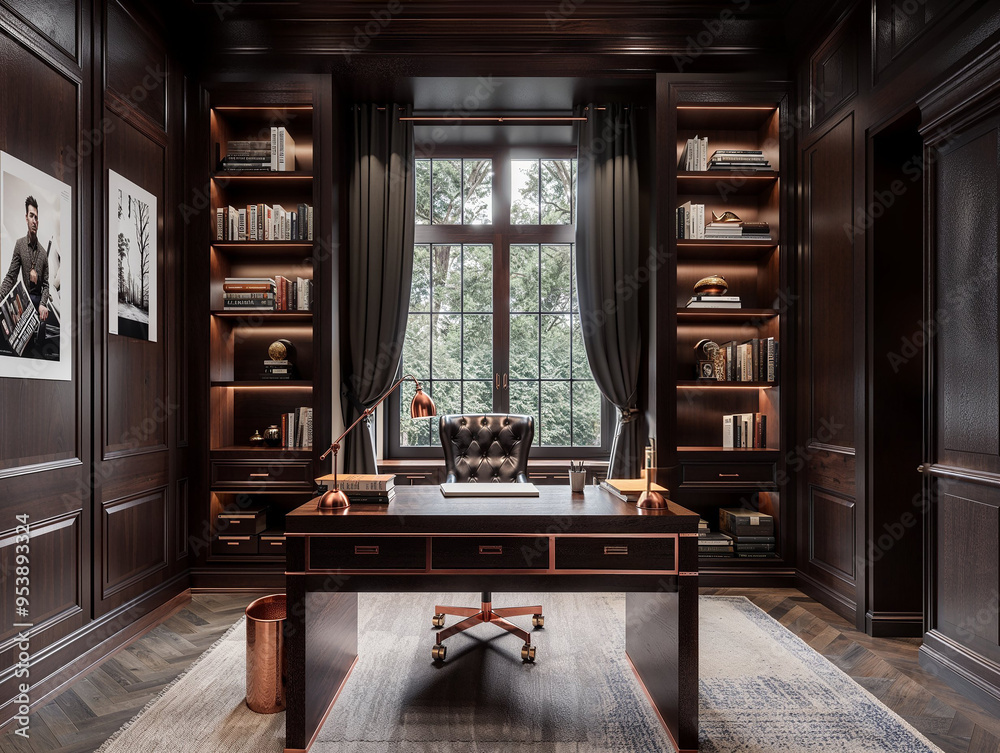 Room with books. Study with a dark wooden paneled wall, built-in bookshelves, and a deep desk with copper accents. Room with books. Study with a dark wooden paneled wall, built-in bookshelves, and a deep desk with copper accents.