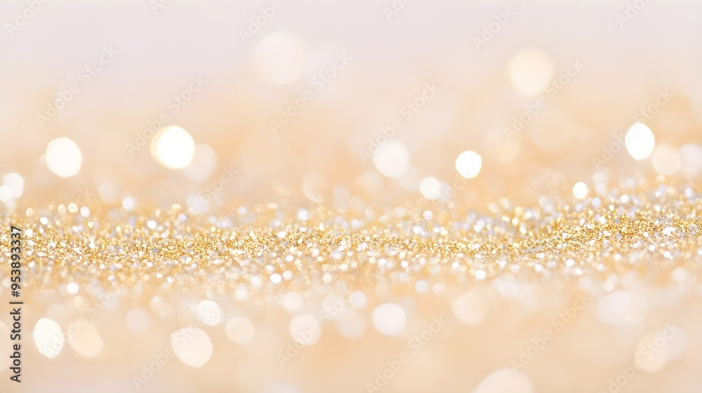 A close-up of shimmering gold glitter scattered on a light pastel background, creating an elegant effect with ample copy space A close-up of shimmering gold glitter scattered on a light pastel background, creating an elegant effect with ample copy space