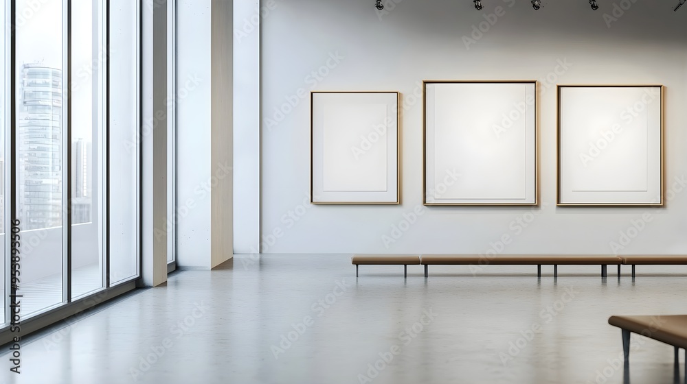 An elegant art gallery with a solid light gray background, perfect for displaying framed artwork without distractions An elegant art gallery with a solid light gray background, perfect for displaying framed artwork without distractions