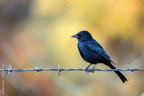 Birdwatching: Brewers Blackbird perched on barbed wire fence photo