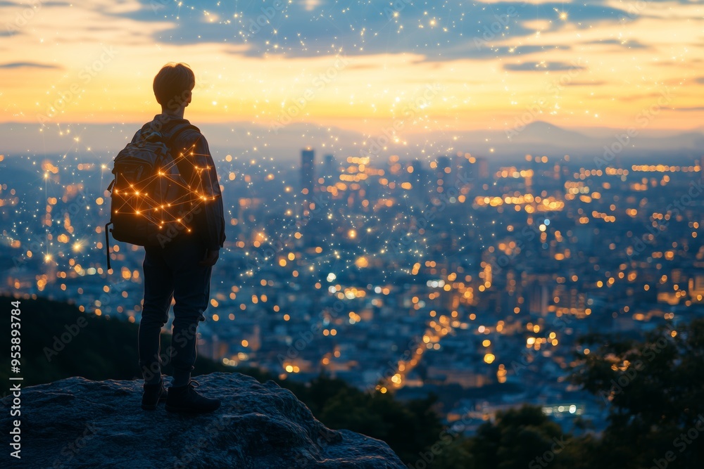 A young traveler with a backpack stands on a rocky ledge, gazing over a sprawling city illuminated by a warm sunset. A young traveler with a backpack stands on a rocky ledge, gazing over a sprawling city illuminated by a warm sunset.