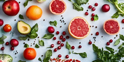 Assorted fresh fruits and leafy greens with nuts on a light blue textured surface