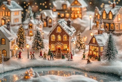 Charming Christmas Village Display with Miniature Houses, Snow-Covered Trees, and Frozen Pond