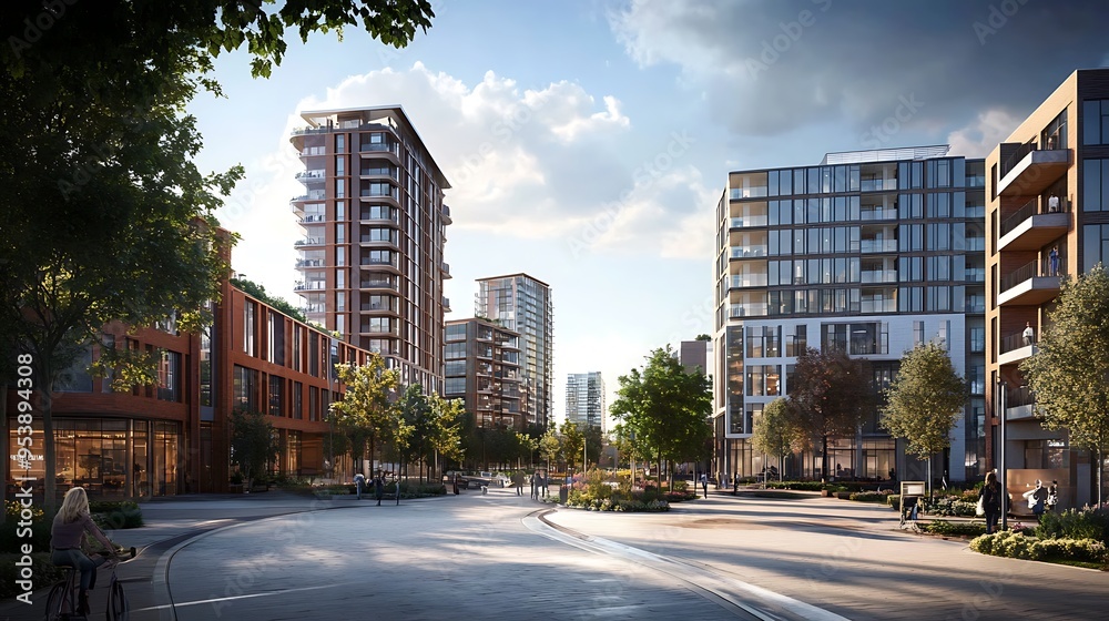 Fototapeta premium Modern Cityscape with Residential Towers and Street Level Retail