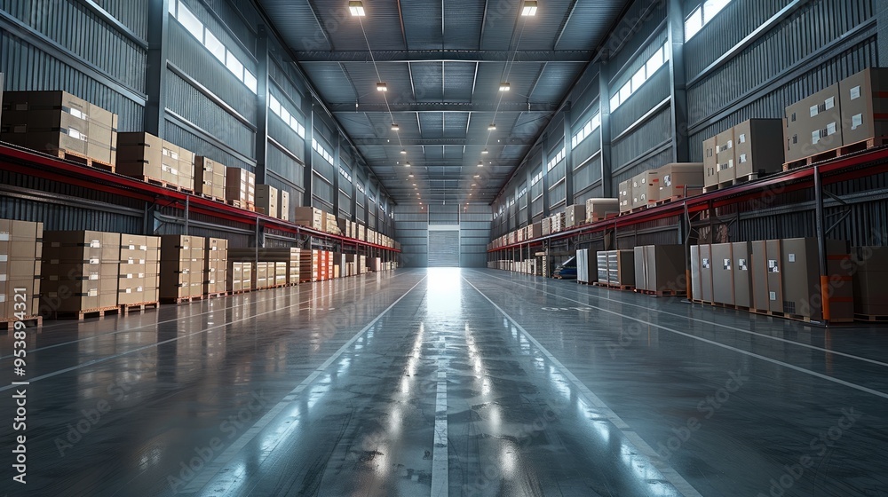 Fototapeta premium Package warehouse. A large warehouse with numerous items. Rows of shelves with boxes. Logistics. Generative AI.