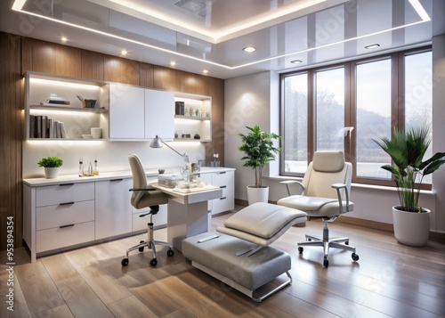 A modern dermatology clinic interior with sleek equipment, elegant lighting, and a calm atmosphere, highlighting