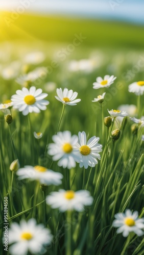 A close-up of bright yellow and white daisies in full bloom against a sunny background with strong shadows.