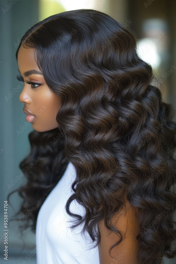 Hair Extensions Loose Wave. Beautiful Black Woman with Curly Human Hair Extension Hair Extensions Loose Wave. Beautiful Black Woman with Curly Human Hair Extension