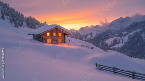 Small cabin in snowy mountains at sunset