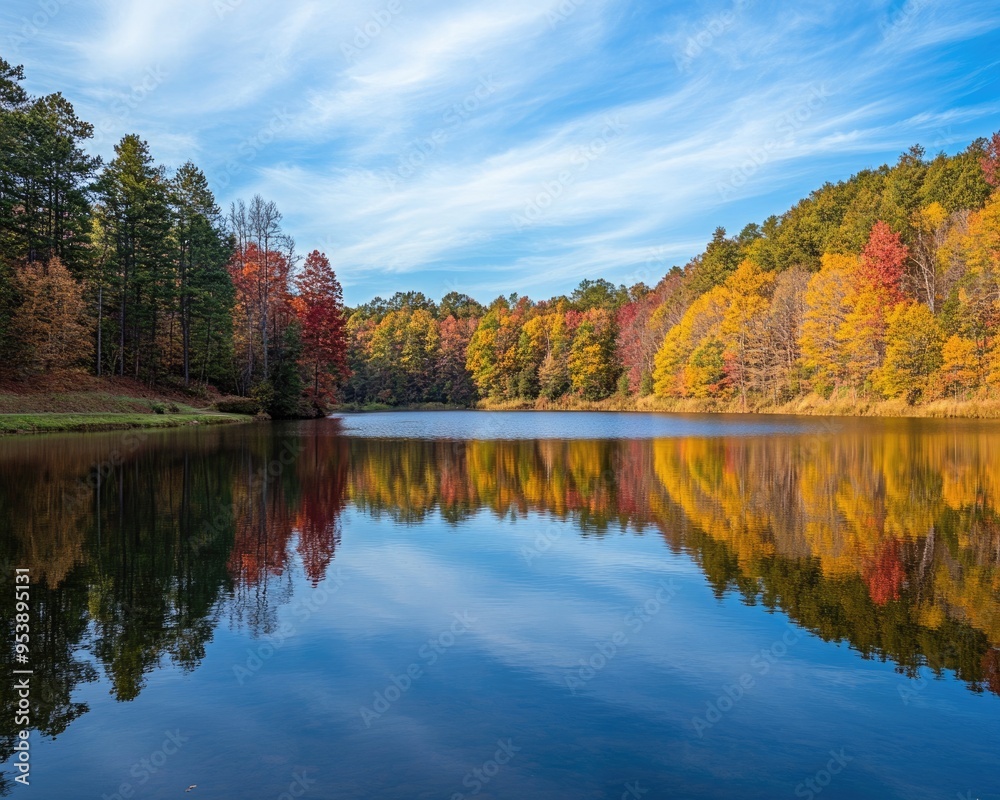 Kingsport Tennessee. Fall Landscape: Autumn Trees Reflecting in Bays Mountain Lake Kingsport Tennessee. Fall Landscape: Autumn Trees Reflecting in Bays Mountain Lake