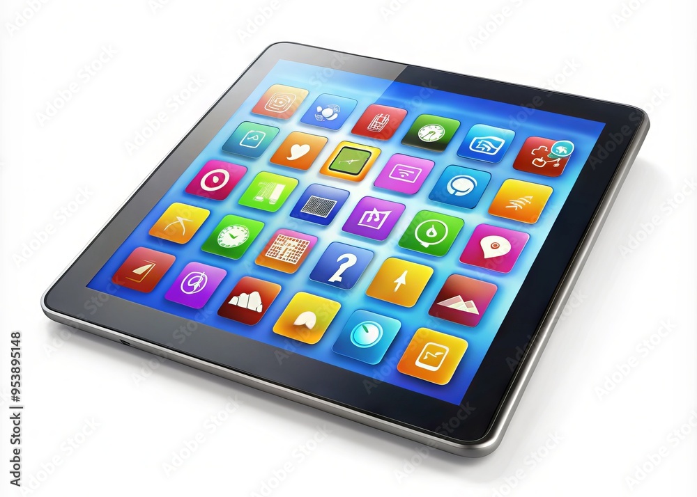 A modern digital tablet displays a vibrant array of colorful social media icons, symbols, and logos against a A modern digital tablet displays a vibrant array of colorful social media icons, symbols, and logos against a