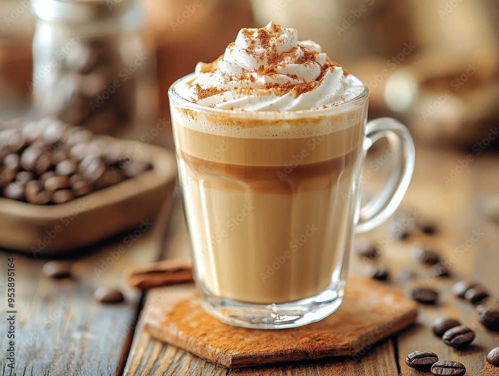 Cinnamon Latte CloseUp Creamy Whipped Topping Glass Mug Wooden Background Coffee Beans Scattered Coffee Cinnamon Latte CloseUp Creamy Whipped Topping Glass Mug Wooden Background Coffee Beans Scattered Coffee