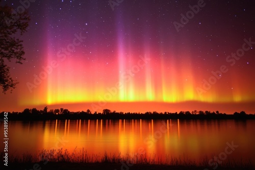 Northern Lights Burst Over Minnesota Lake: Aurora Borealis Shining Rainbow in Dark Sky