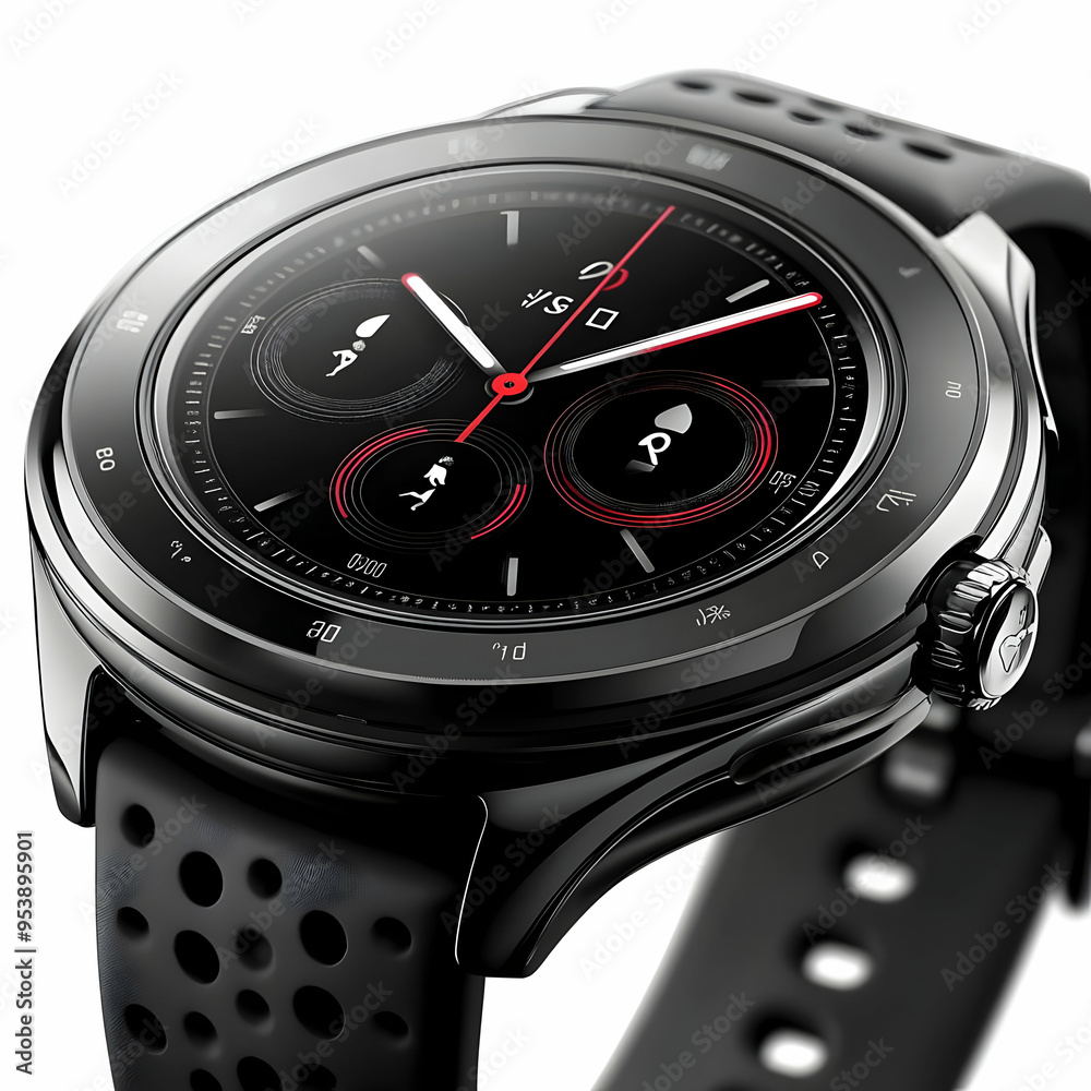 Black Smartwatch with Red Accents and Digital Display Illustration Black Smartwatch with Red Accents and Digital Display Illustration