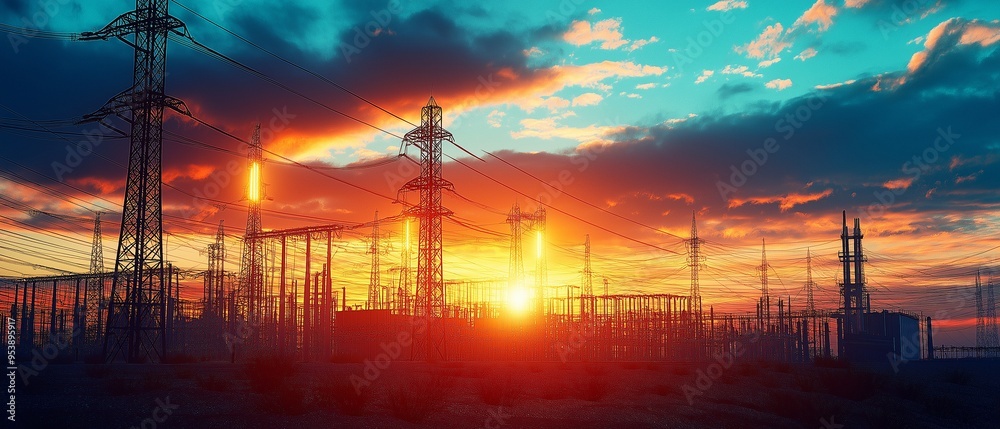 Fototapeta premium Switchgear gearbox transformers at a high-voltage electrical substation