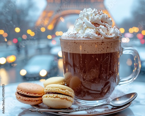 Whipped Cocoa Macarons Through RainStreaked Window A closeup with bokeh lights and a blurred cityscape beyond Coffee photo