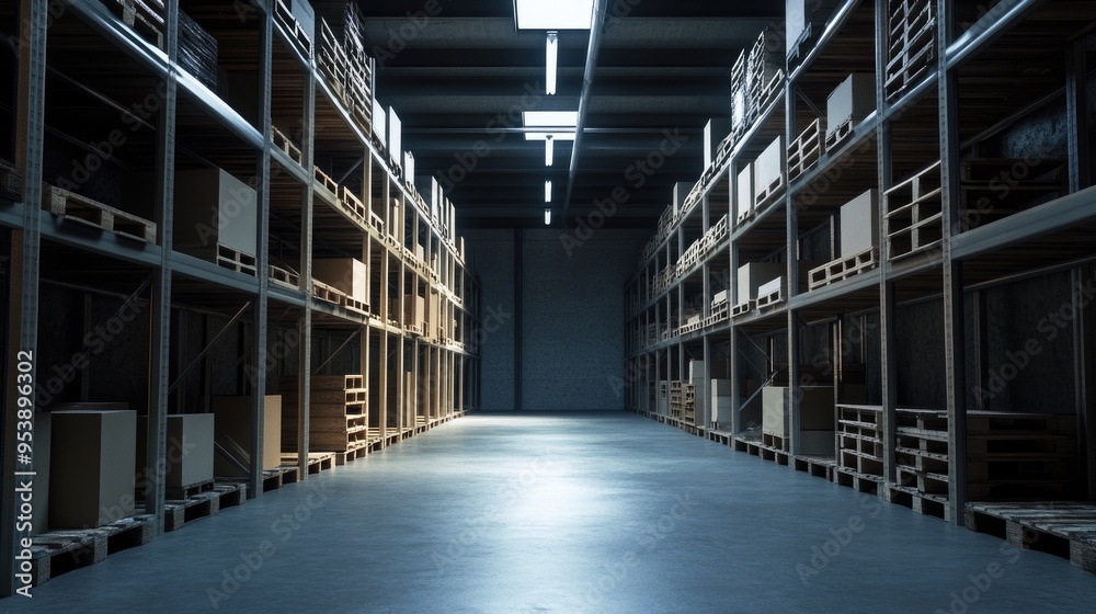 Obraz premium Store Closed For Inventory. Industrial Warehouse with Pallet Racks and Distribution Shelves