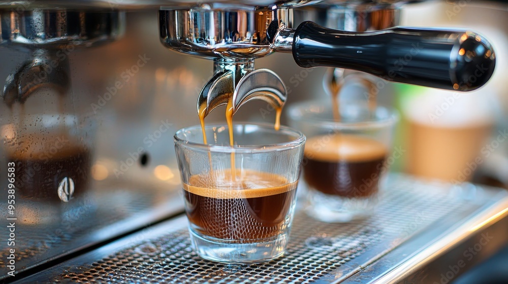 Espresso Machine Pouring Coffee into Glass Cup CloseUp Perspective Metallic and Glass Composition Crema and Steam Details Artisan Coffee Concept Coffee Espresso Machine Pouring Coffee into Glass Cup CloseUp Perspective Metallic and Glass Composition Crema and Steam Details Artisan Coffee Concept Coffee