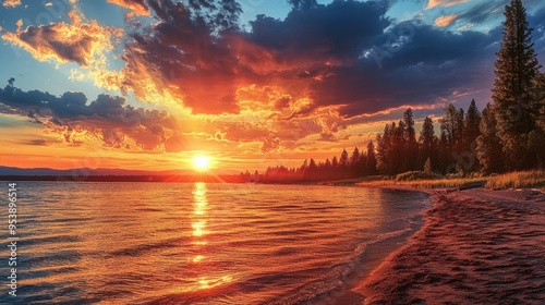 Sunset at Island Park, Idaho. Lake Landscape with Dramatic Sky and Cloud Reflection in Water photo