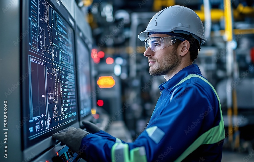 A control system worker keeping an eye on an industrial pipeline power plant's operator room A control system worker keeping an eye on an industrial pipeline power plant's operator room