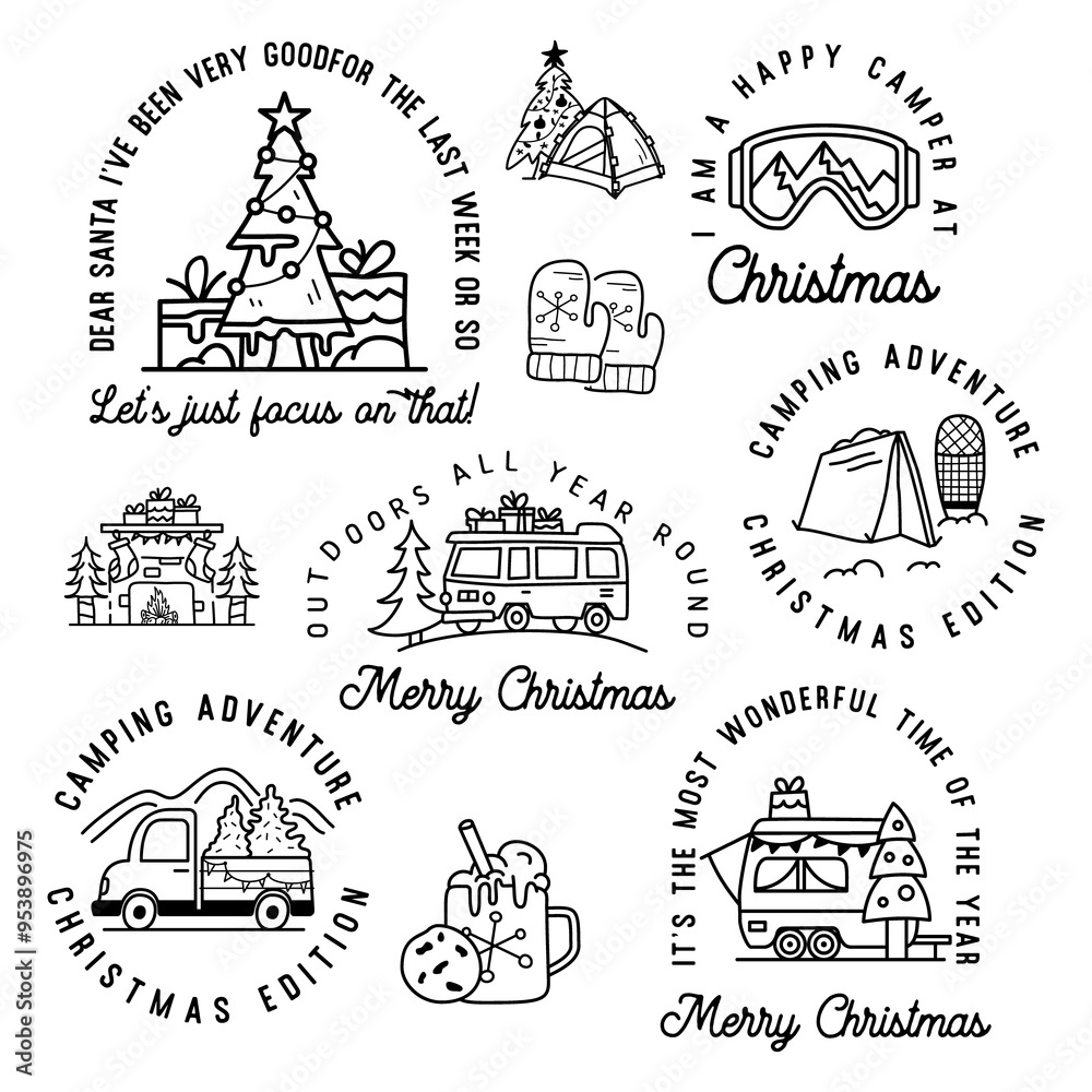 Rv trailer and hiking christmas badges set in line art style. Travel t shirt graphics with winter landscape, holidays elements. Stock logo label with quotes - Camping adventure Christmas edition Rv trailer and hiking christmas badges set in line art style. Travel t shirt graphics with winter landscape, holidays elements. Stock logo label with quotes - Camping adventure Christmas edition