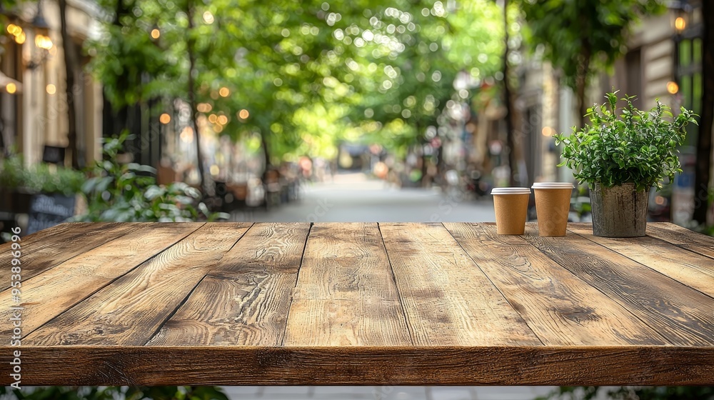 Rustic Wooden Tabletop with Blurred City Street and Coffee Cups in Focus A Cozy Outdoor Cafe Setting Coffee Rustic Wooden Tabletop with Blurred City Street and Coffee Cups in Focus A Cozy Outdoor Cafe Setting Coffee