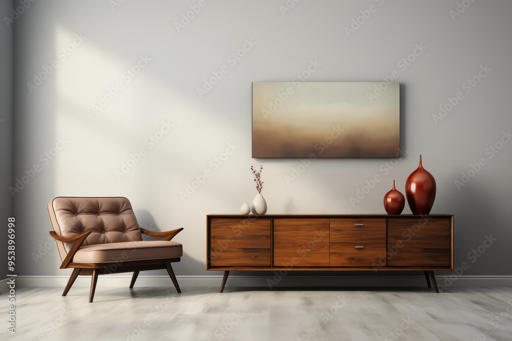 Mid Century Modern Living Room Interior Design with Brown Leather Armchair Mid Century Modern Living Room Interior Design with Brown Leather Armchair