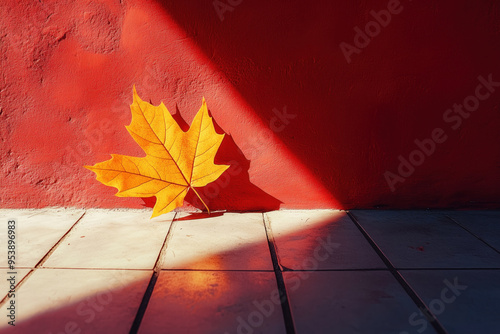 yellow maple leaf in autumn leaning on red wall on ground in sunlight tiled floor space for text