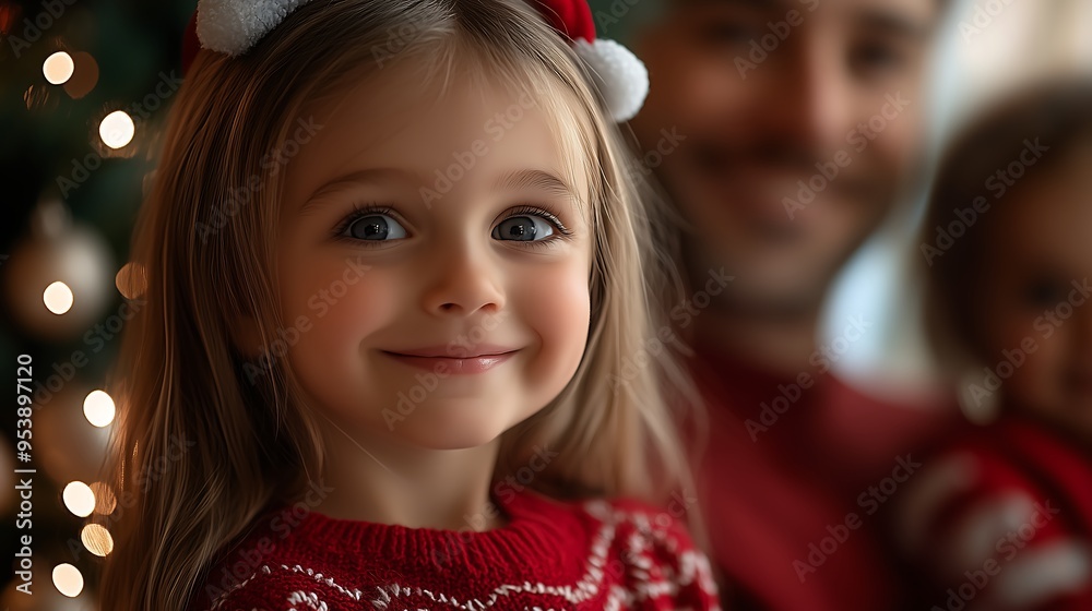 Happy Little Girl Smiling During Christmas Celebration with Family Happy Little Girl Smiling During Christmas Celebration with Family