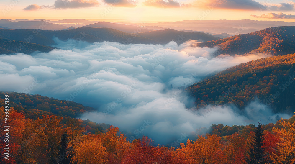Naklejka premium A mountain landscape at dawn, where a sea of clouds fills the valleys below. The peaks of the mountains emerge above the clouds, covered in dense forests with vibrant autumn foliage. Generative AI.