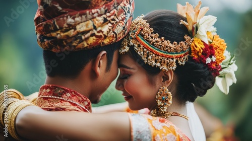 A couple in traditional attire embracing during a cultural ceremony, their connection intensified by the significance of the event