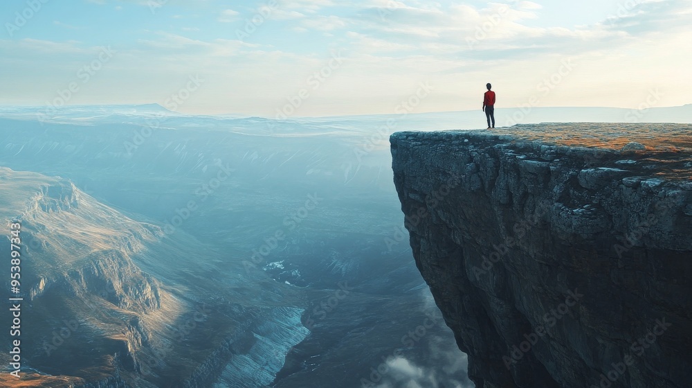 Obraz premium A person standing at the edge of a cliff, feeling a profound connection to the vast landscape below, their expression a mix of awe and oneness