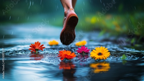 A person walking on water, their steps creating ripples that turn into vibrant, blooming flowers, symbolizing the power of hope and renewal