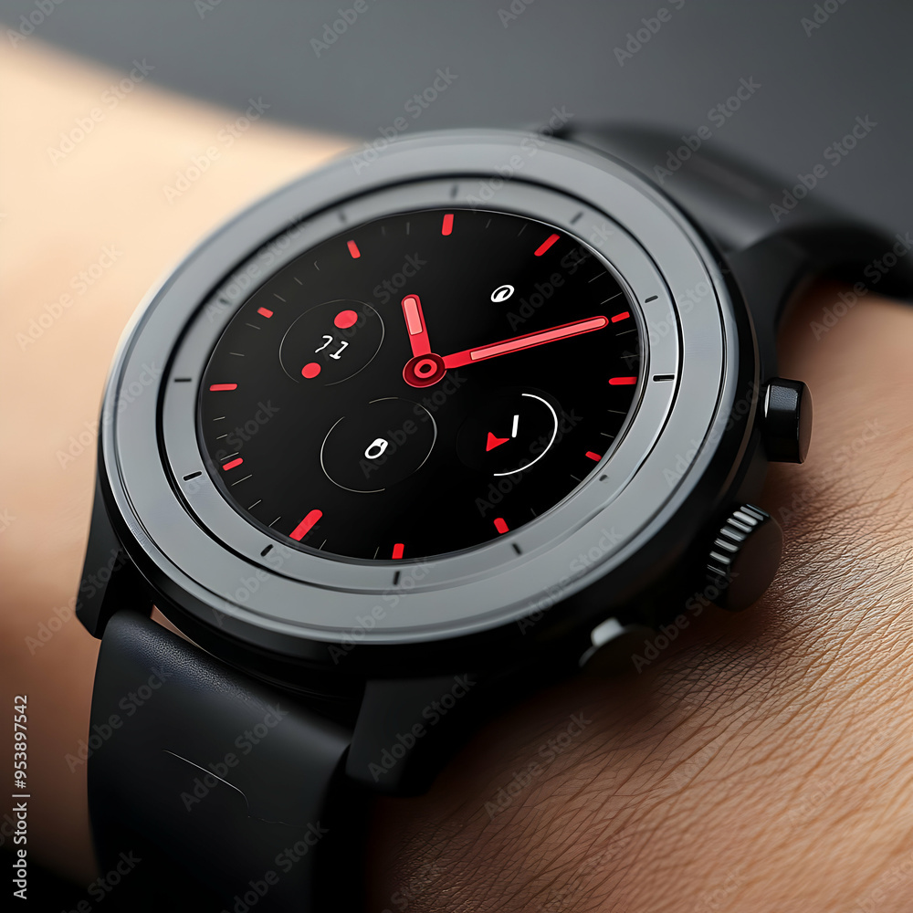 Black and Silver Smartwatch with Red Hands Illustration Black and Silver Smartwatch with Red Hands Illustration