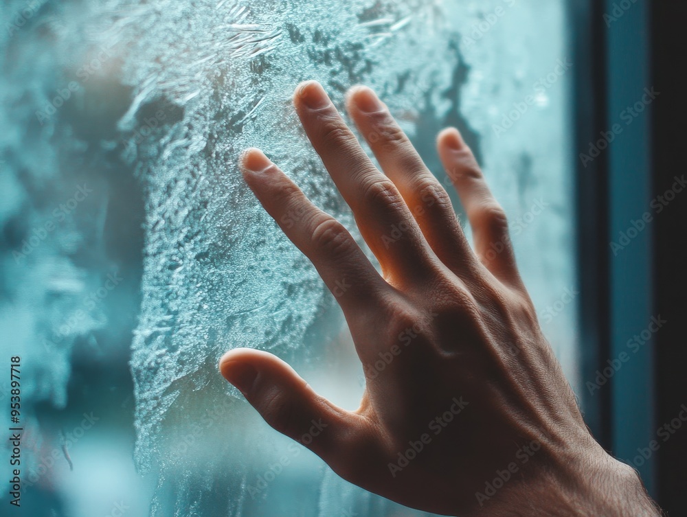 A hand reaching out to touch a frosted window, the cold glass reflecting the longing and isolation in the gesture A hand reaching out to touch a frosted window, the cold glass reflecting the longing and isolation in the gesture