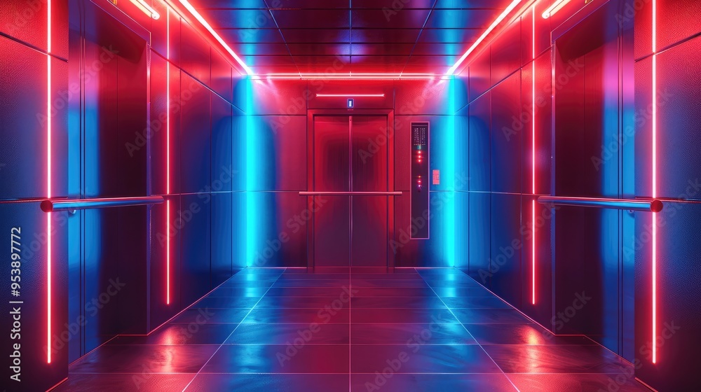Fototapeta premium A futuristic wall-mounted digital display, the front elevator, facing the main wall with the control panel, cool blue and warm red neon lights. Generative AI.